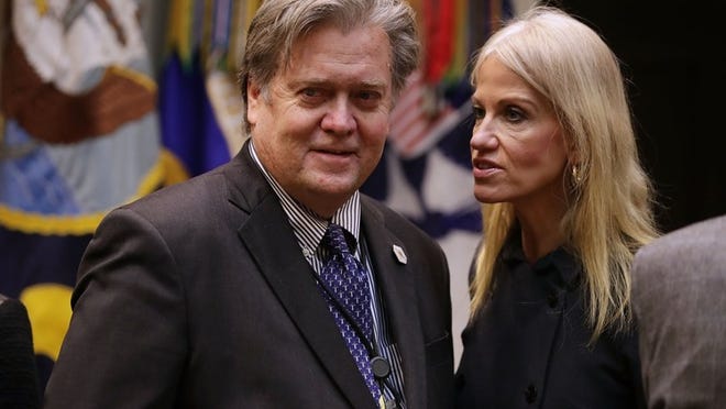 White House Chief Strategist Steve Bannon (L) and Counselor to the President Kellyanne Conway wait for the arrival of U.S. President Donald Trump on January 31, 2017 in Washington, DC. C (Photo by Chip Somodevilla/Getty Images)