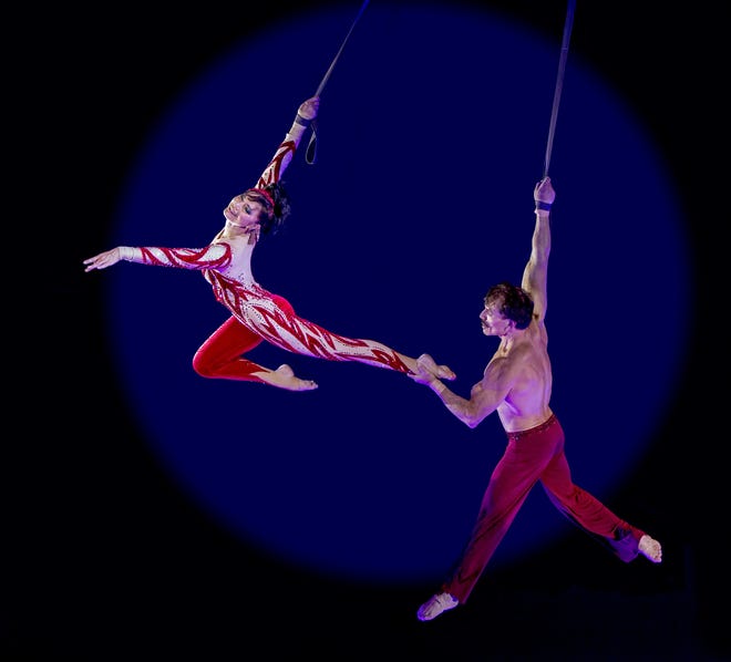 "Queen of the Air" Dolly Jacobs and her partner, Rafael Palacios, will perform an aerial act at Circus Sarasota's show "Synergy," opening today at Nathan Benderson Park in Sarasota. [COURTESY PHOTO].