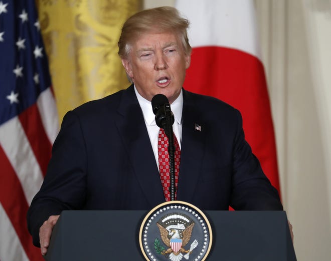 President Donald Trump speaks during a joint news conference with Japanese Prime Minister Shinzo Abe on Friday at the White House.