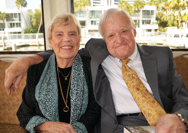 Author John Jakes, right, and his wife, Rachel, at a luncheon in 2016. [Photo by Wendy Dewhurst Clark]