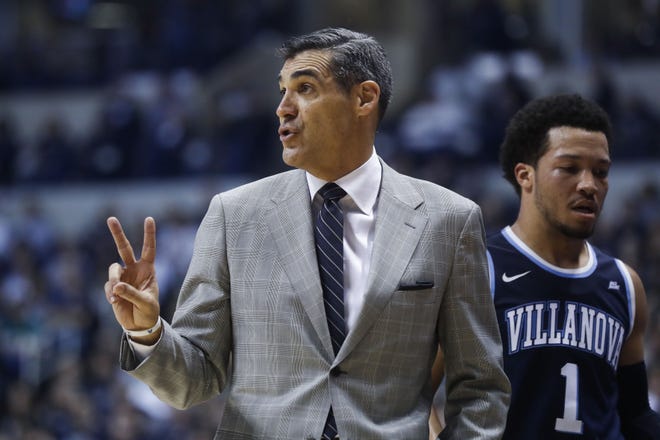Villanova head coach Jay Wright directs his players from the bench in the first half of an NCAA college basketball game against Xavier, Saturday, Feb. 11, 2017, in Cincinnati. Villanova won 73-57.