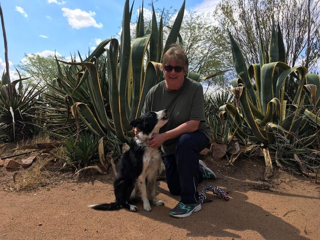 Chris Bartos and Finn, when she visited Namibia in December. Bartos trained Finn to be a cheetah scat detection dog, which helps save cheetahs from being killed by farmers trying to protect their livestock.