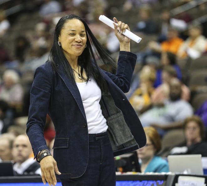 "I like to beat the odds, and the odds are probably stacked way against our team going up there,” said South Carolina head coach Dawn Staley on Monday's game at Connecticut. [Associated Press file]