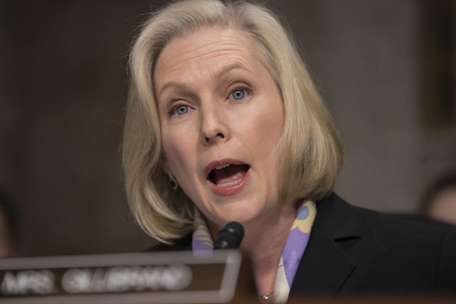In this Jan. 12, 2017, file photo, Senate Armed Services Committee Sen. Kirsten Gillibrand, D-N.Y., questions Defense Secretary-designate James Mattis on Capitol Hill in Washington during Mattis' confirmation hearing before the committee. [AP Photo/J. Scott Applewhite, File]