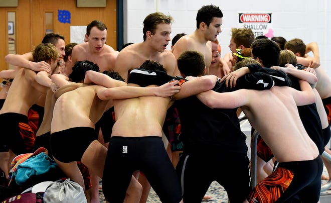 Cherokee High School’s boys swim team huddles before taking on Egg Harbor in the S.J. Public A semifinals Monday, Feb. 13, 2017, at Rowan College at Burlington County's Pemberton Township campus.