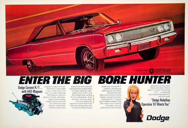 By the mid-1960s, Dodge was a major brand both on and off the racetracks in America. This advertisement shows how Dodge used high-performance to promote its car back in the muscle car era with its new 1967 Dodge R/T 440. (Ad compliments Fiat Chrysler Automobiles)