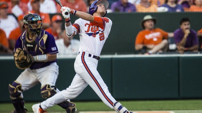 Clemson’s Seth Beer, batting during an NCAA regional game last season, became the first freshman to win the Dick Howser Trophy as national player of the year and was a Golden Spikes Award finalist. (Katie McLean/The Independent-Mail)