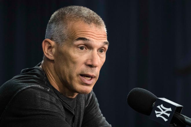 New York Yankees manager Joe Girardi speaks with members of the media during a news conference at the team's baseball spring training facilities, Tuesday, Feb. 14, 2017, in Tampa, Fla. (AP Photo/Matt Rourke)