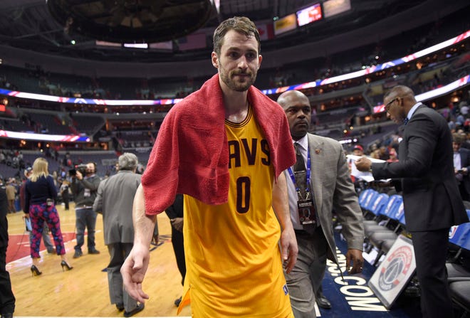FILE - In this Feb. 6, 2017, file photo, Cleveland Cavaliers forward Kevin Love (0) leaves the court after an NBA basketball game against the Washington Wizards, in Washington. Love will be out at least six weeks following left knee surgery. Love had the operation on his left knee on Tuesday, Feb. 14, 2017, in New York. (AP Photo/Nick Wass, File)