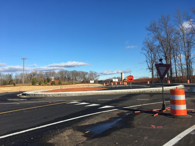 The new traffic circle at the junction of South New Hope and Armstrong roads in southern Belmont. It has replaced a former stop sign at a busy T-intersection. [Michael Barrett/The Gazette]