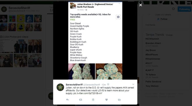 A Sarasota County Sheriff's Office Twitter post in response to an online offer selling marijuana.