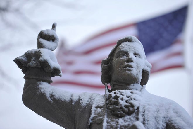 No Redcoats in sight as patriot James Otis wears a white coat of overnight snow proclaiming liberty in front of Barnstable Superior Court.