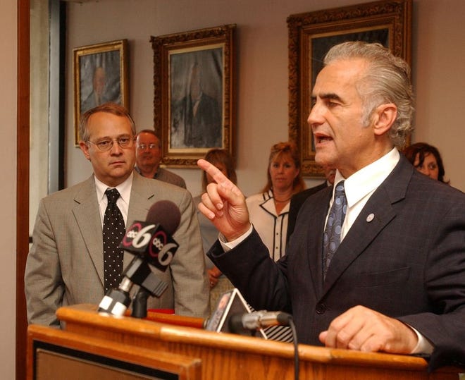 Philip F. Mangano, the former Executive Director of the United States Interagency Council on Homelessness, speaks at a press conference at Government Center held on June 29, 2006 as then Mayor Edward M. Lambert Jr. looks on. The press conference was to announce a 10-year plan to end homelessness.