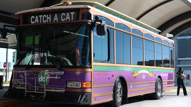 A new dot trolley bus, which serves as a free shuttle around downtown, idles Friday morning at Chatham Area Transit. (Dash Coleman/Savannah Morning News)