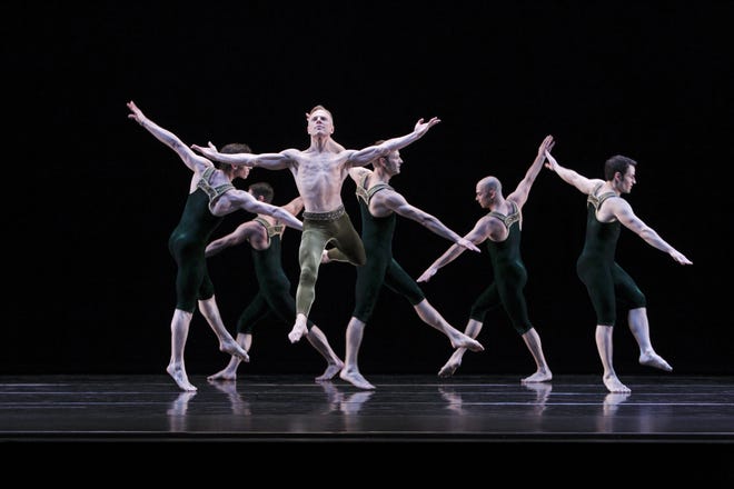 Michael Trusnovec and members of Paul Taylor Dance Company in the choreographer’s “Brandenburgs,” one of the pieces the company will perform in Sarasota this weekend.

[Photo by Paul B. Goode]