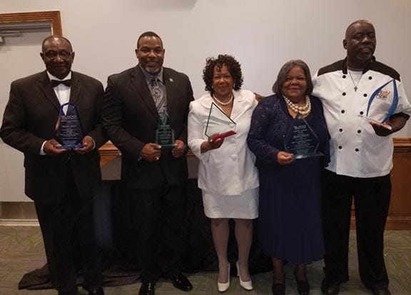 From left, award recipients at the first Black History Awards were Mark Best, Holly Raby, Sharon Bryant, Erlinda Dobson and James ‘Smoke’ Boyd Jr.