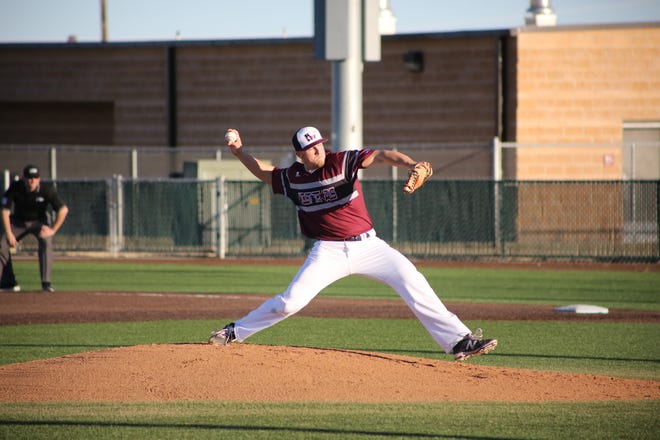 West Texas A&M pitcher Marshall Kasowski delivers a pitch against Lubbock Christian University on Tuesday night at Wilder Park in Canyon. Despite a 3-2 loss to LCU, Kasowski struck out 16 hitters in six innings. (Photo by Christian Lucero/ For the Amarillo Globe-News).