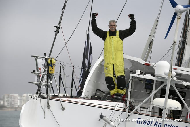 Marblehead sailor Rich Wilson as he crosses the finish line in Les Sables d’Olonne France thus finishing his journey in the Vendee Globe around the world solo race.

[Courtesy photo/Vendee Globe]