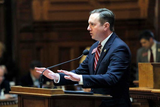 Rep. David Dreyer, D - Atlanta, speaks in opposition to HB 37 during a legislative session of the Georgia General Assembly, Wednesday, Feb. 22, 2017, in Atlanta. Chairman of the Appropriations: Higher Education Committee, Earl Ehrhart, R - Powder Springs, presented HB 37, under which private colleges and universities in Georgia could lose state funding if they declare themselves “sanctuary campuses.” House Bill 37 would punish those schools that do not comply with state and federal immigration law. The bill passed and now goes to the Senate. (Bob Andres/Atlanta Journal-Constitution via AP)