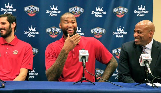 DeMarcus Cousins answers questions from the media as the New Orleans Pelicans announce that they've acquired him along with forward Omri Casspi during a news conference on Wednesday, Feb. 22, 2017 in Metairie, La. Cousins maintained that he liked Sacramento and initially wasn't happy about being traded Sunday night, but added he'd become frustrated with the lack of another elite talent on the Kings' roster. (Ted Jackson /NOLA.com The Times-Picayune via AP)
