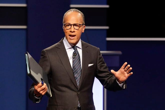 In this Sept. 26, 2016, photo, moderator Lester Holt, anchor of NBC Nightly News, talks with audience before the presidential debate at Hofstra University in Hempstead, N.Y. On Feb. 21, 2017, Holt met a 7-year-old boy who mentioned him to a local news reporter in Portland, Oregon. (AP Photo/David Goldman, File)
