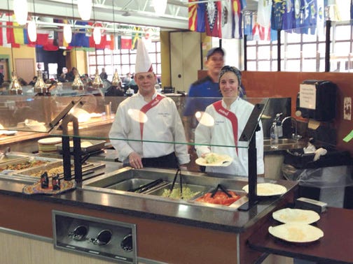 Moscow-based chef Vladimir Smirnov and his translator Yulia Yusufova-Calmel prepare lunch at Lake Superior State University’s Quarterdeck. The pair visited LSSU’s campus on Monday and Tuesday preparing traditional Russian meals for guests.