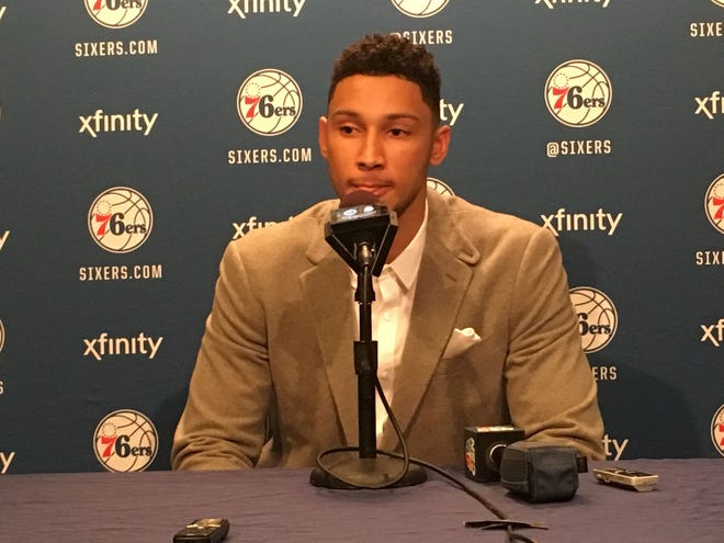 Sixers rookie Ben Simmons meets with the media before the season opener.