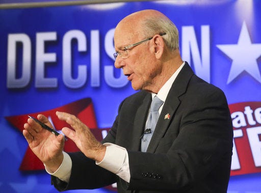 U.S. Sen. Pat Roberts answers a question during his debate with senatorial independent candidate Greg Orman on Oct. 15, 2014, at the KSN television studio in Wichita. Roberts, chairman of the Senate agriculture committee, was in Kansas on Thursday for the group’s first field hearing in Manhattan for the 2018 Farm Bill. “We are ... trying to prevent what could be a farm crisis on our hands,” Roberts said.
