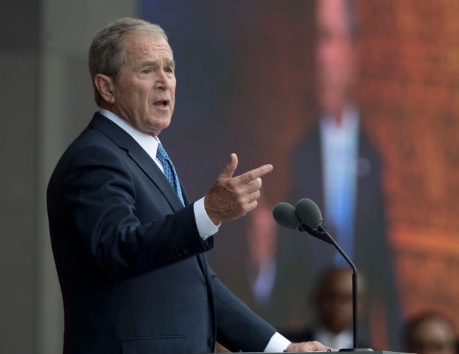 FILE - In this Sept. 24, 2016 file photo, former President George W. Bush speaks in Washington. Bush said Monday, Feb. 27, 2017, "we all need answers" on the extent of contact between President Donald Trump's team and the Russian government, and he defended the media's role in keeping world leaders in check. (AP Photo/Manuel Balce Ceneta, File)