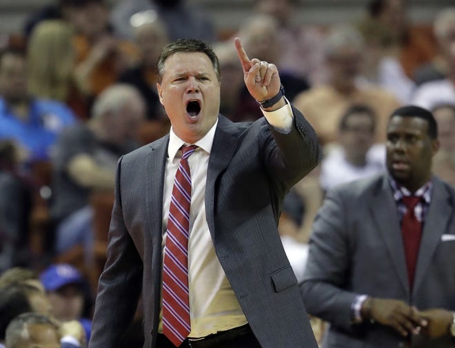 Kansas coach Bill Self calls to his players during the second half of his team's 77-67 victory over Texas, Saturday. [AP Photo/Eric Gay]