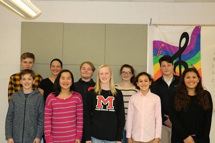 Marblehead students will be participating in this year’s Northeastern Junior District chorus on March 18 at Galvin Middle School in Wakefield. Pictured, from left: (front row) Tim Clay, Lane Davis, Fiona Trimarchi, Yasen Colon, Jolie Quintana, (back row) Nick Williams, Katherine Ducharme, Gianni DiScipio, Grace Mann and James Maniaci. Not pictured: Griffin Homan and Liam MacKenzie. Courtesy Photo