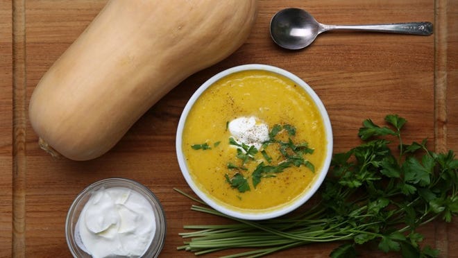 Take one large, funny-looking butternut squash and turn it into this simple, soothing soup. (Ken Lambert/Seattle Times/TNS)