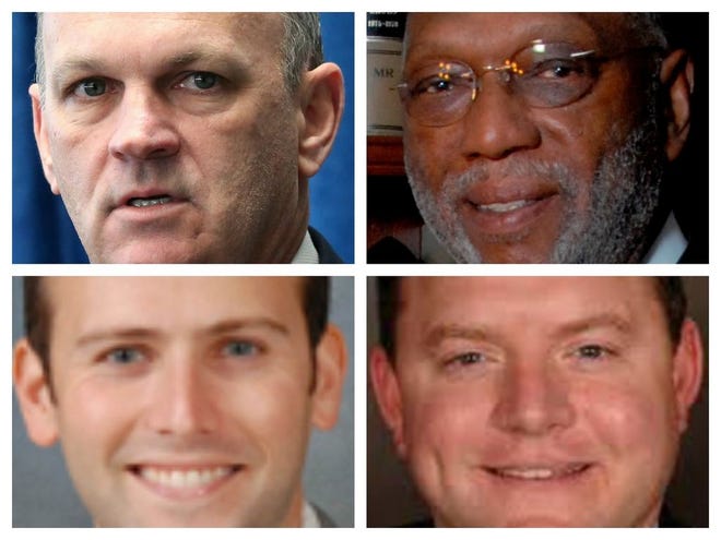 Clockwise from top left: Florida House Speaker Richard Corcoran, retired Supreme Court Justice James Perry, Republican Sen. Rob Bradley and Republican Rep. Chris Sprowls