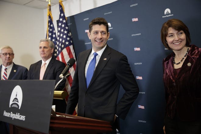 House Speaker Paul Ryan of Wis., joined by, from left, Rep. Paul Mitchell, R-Mich., House Majority Leader Kevin McCarthy of Calif., and Rep. Cathy McMorris Rodgers, R-Wash., chair of the House Republican Conference, meets with reporters on Capitol Hill in Washington, Tuesday, Feb. 28, 2017, before President Donald Trump's speech to the nation. A month into the new administration, the GOP is discovering the difficulties of making good on its promises on repealing Obama's health care law, and other issues. House Speaker Paul Ryan says he isn't frustrated though on Trump's lack of detailed direction, saying "I see him as more of a chairman." THE ASSOCIATED PRESS