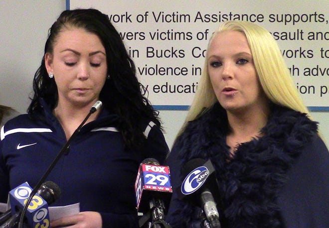 Two women, 26-year-old "JM" (left) and 23-year-old "JS," say they were sexually assaulted by William Charles Thomas of Falls when they were children. The two went public with their allegations at a press conference Wednesday, March 1, 2017, at the Network of Victim Assistance office in Warwick. The women said they want to encourage other victims of sexual abuse to come forward and speak with authorities. They agreed to be photographed but not identified by their full names.