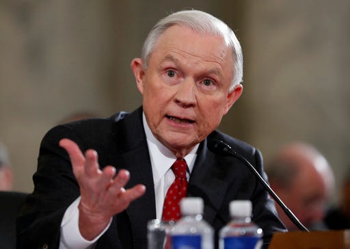 In this Jan. 10, 2017 file photo, then-Attorney General-designate, Sen. Jeff Sessions, R-Ala., testifies on Capitol Hill in Washington at his confirmation hearing before the Senate Judiciary Committee.