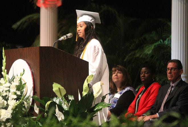 New Smyrna Beach High School Class of 2016 Salutorian Emily Thach addresses her classmates, Saturday May 28, 2016 at the Ocean Center during the Commencement Exercise.   News-Journal/David Tucker