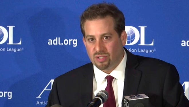 In this image taken from video, Oren Segal, Co-Director of the Anti-Defamation League’s Center on Extremism, addresses the media at a news conference at ADL Headquarters on Friday in New York. (Associated Press)