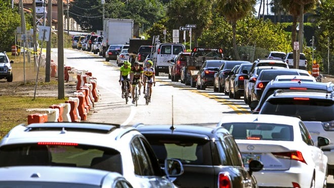 Traffic backs up on eastbound Southern Boulevard as security for Mar-a-Lago is beefed up last month.