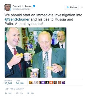 Screenshot of Donald Trump's tweet about Sen. Chuck Schumer and Russian President Vladimir Putin.