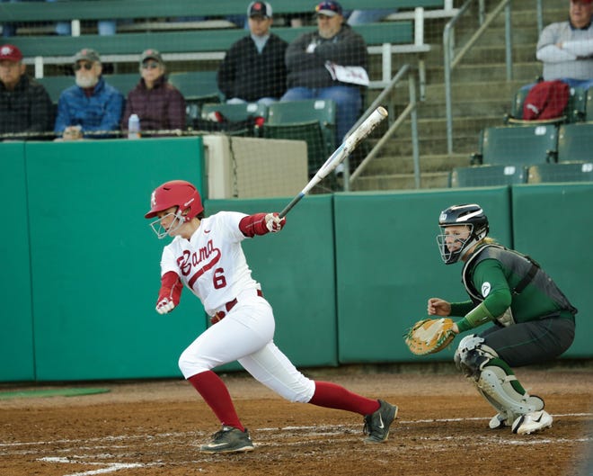 Sydney Booker puts the ball in play during Alabama's game against Jacksonville at the Easton Crimson Classic on Friday at Rhoads Stadium. [Photo/Claudia Marsh]