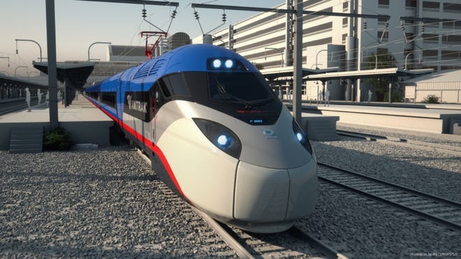 The engine of an Amtrak next-generation high-speed train that will be used on the heavily traveled Northeast Corridor. Amtrak is ordering 28 trains that will be capable of speeds up to 186 mph. Rendering/Amtrak.com