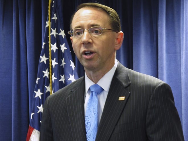FILE - In this Jan. 10, 2017 file photo, Maryland U.S. Attorney Rod Rosenstein in Greenbelt, Md. Some Democrats worry the appointment of a Jeff Sessions subordinate to oversee any federal investigation into Russian interference in the 2016 presidential election wonþÄôt be a clean enough break from the embattled attorney general. Rosenstein, who faces his confirmation hearing next week for the role of deputy attorney general, was appointed top federal prosecutor in Maryland by President George W. Bush and remained in the political post for the entire Obama administration. (AP Photo/Brian Witte, File)