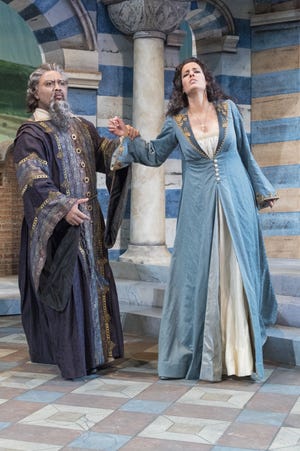 Kevin Short, left, as the blind king Archibaldo and Elizabeth Tredent as his daughter-in-law Fiora are featured in the Sarasota Opera production of “The Love of Three Kings.” [Rod Millington photo / Sarasota Opera]