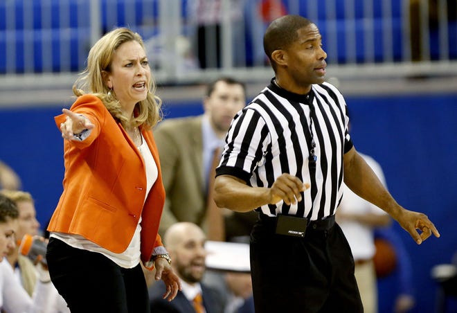 Florida Gators head coach Amanda Butler argues a call with the referee against the Georgia Bulldogs during the first half at the O'Connell Center on Thursday, Jan. 14, 2016 in Gainesville, Fla. Georgia defeated Florida 71-61. Matt Stamey/Staff Photographer