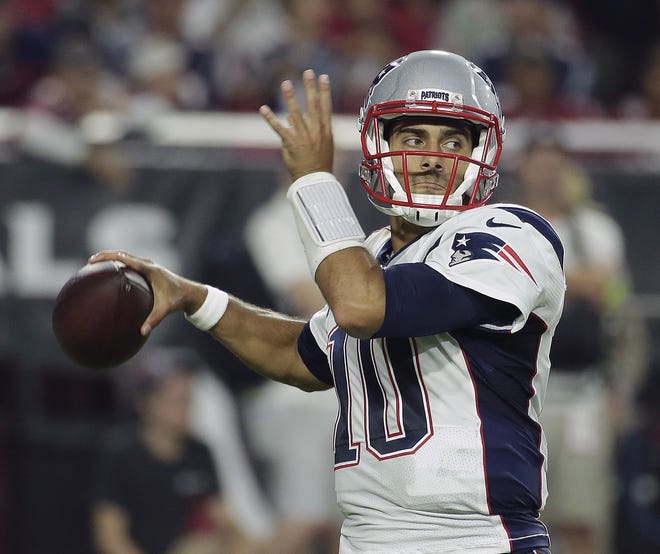 New England Patriots quarterback Jimmy Garoppolo (10) looks down field during a game against the Arizona Cardinals on Sept. 11, 2016, in Glendale, Ariz. With backups quarterbacks like Garoppolo, Mike Glennon, A.J. McCarron and Colt McCoy possibly on the move this offseason, the task for talent evaluators will be figuring out which group best fits each quarterback. [AP Photo / Rick Scuteri, File]