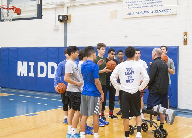 Middletown High School boys basketball coach Kevin Lendrum talks with his players Tuesday during practice at the school.