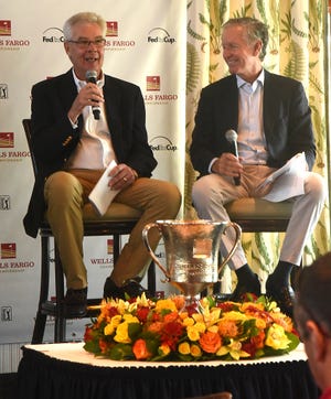 Kym Hougham, left, executive director of the Wells Fargo Championship, discusses preparations for the golf tournament Tuesday during a media day at Eagle Point Golf Club in Porters Neck. With him was Bobby Long, president of Eagle Point. [Ken Blevins/StarNews Photo]