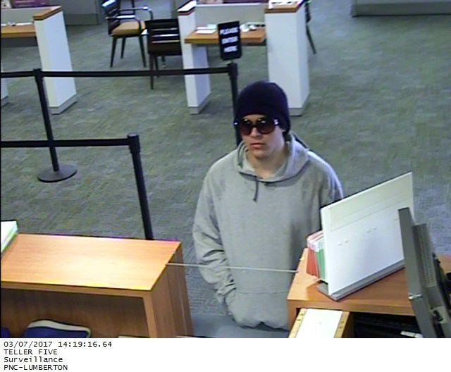Lumberton police released this surveillance photo of a man who robbed the PNC Bank on Eayrestown Road on Monday afternoon.