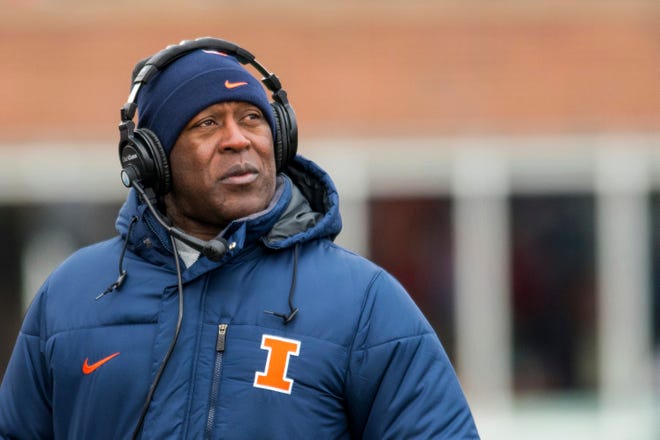 FILE - In this Nov. 19, 2016, file photo, Illinois head coach Lovie Smith checks the scoreboard during an NCAA college football game against Iowa at Memorial Stadium in Champaign, Ill. It’s been nearly a year since Illinois Director of Athletics Josh Whitman fired former coach Bill Cubit on his first day as athletic director and shocked Illini nation when he hired Smith on March 9. The new head coach was met with open arms from a fan base that’s known little success, especially in the past decade. What followed was a 3-9 season and a realization: This wasn’t going to be a quick culture change.(AP Photo/Bradley Leeb, File)